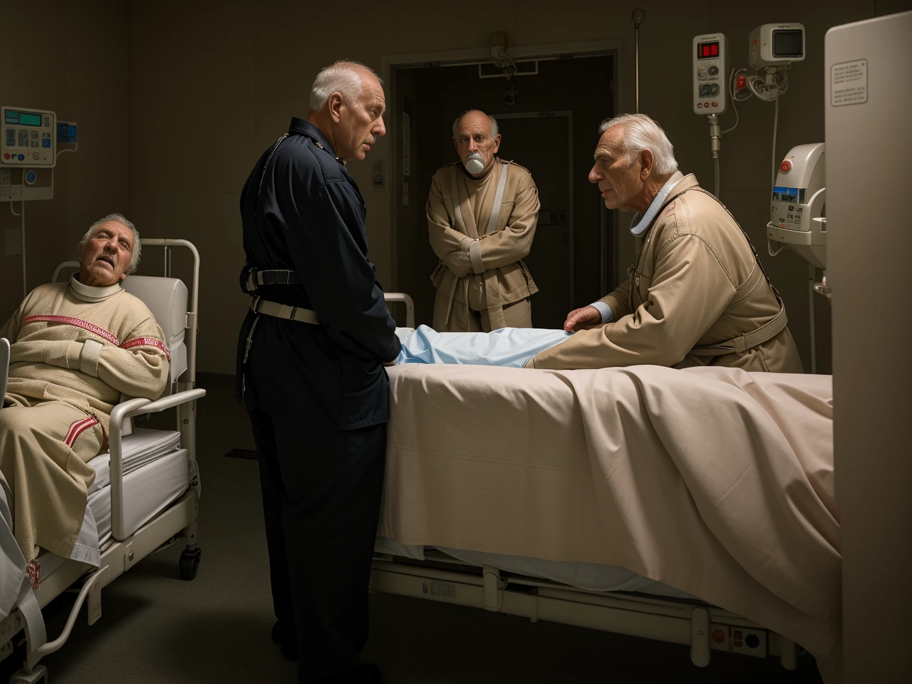 <lora:StraightJacket:1.2>  two guards escorting an elderly man in a straight jacket to a hospital bed, cold light, master piece , horror,<lora:hospital:0.8>