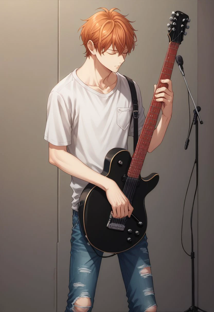 score_9, score_8_up, score_7_up, source_anime, highly detailed, skinny, 
mafuyu, male focus, 1boy, instrument, guitar, solo, plectrum, salmon hair, pants, music, shirt, microphone stand, closed eyes, electric guitar, playing instrument, full body, torn clothes, denim, torn pants,
indoor,