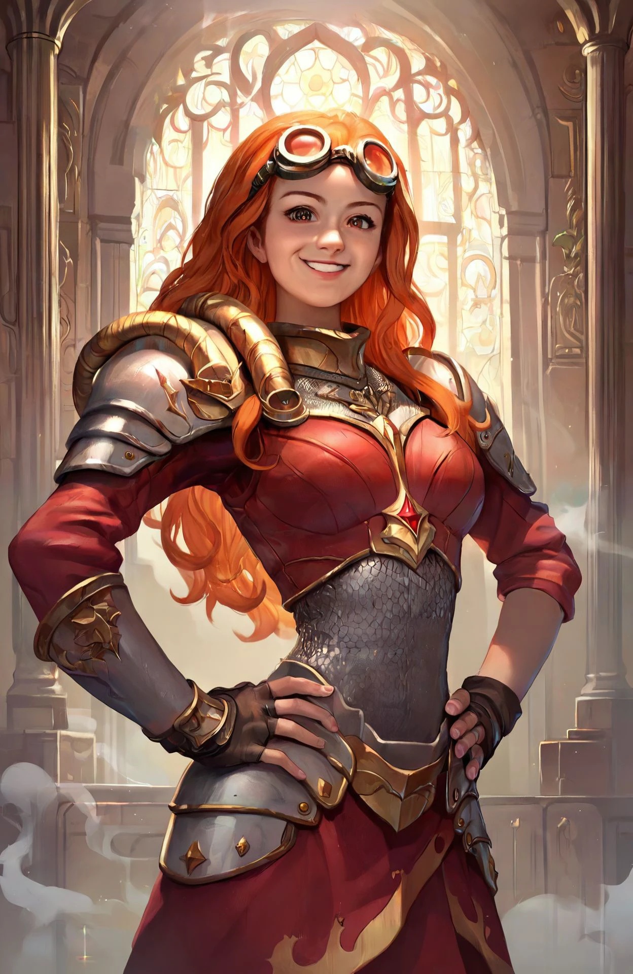 <lora:chandra_pny-9:0.8> 1girl, long hair, orange hair, brown eyes, goggles on head, hands on own hips, looking at viewer, smile, armor, indoors, foundry, smoke, source_cartoon, source_anime, score_9, score_8_up, score_7_up, score_6_up, score_5_up, score_4_up, ponypositive,, (masterpiece, perfectly detailed, detailed face, detailed eyes, beautiful eyes), (ultra HD quality details), 8K, extremely detailed, highres