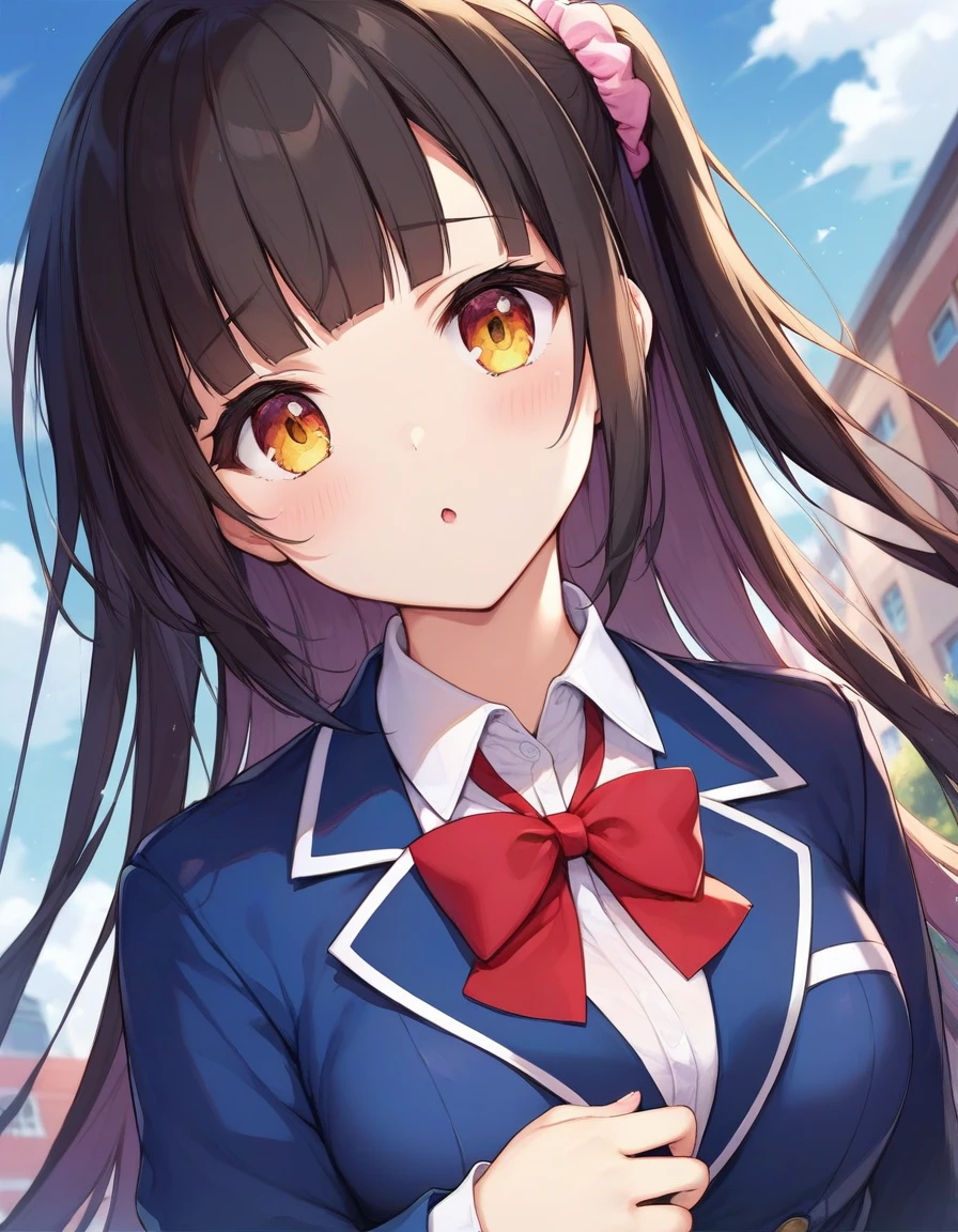 score_9,score_8_up,score_7_up,score_6_up BREAK official art,solo,outdoors,upper body,(portrait:1.5),looking at viewer,facing viewer,Tomori Ayana,very long hair,black hair,one side up,hair ornament,hair scrunchie,pink scrunchie,blunt bangs,yellow eyes,school uniform,blue jacket,blazer,red bowtie,white shirt,collared shirt,long sleeves,medium breasts,skindentation,miniskirt,blue skirt,pleated skirt,plaid skirt,zettai ryouiki,white thighhighs,loafers,<lora:Tomori Ayana(mf)-Pony:1.2>,<lora:Smooth Anime Style LoRA XL:0.8>,