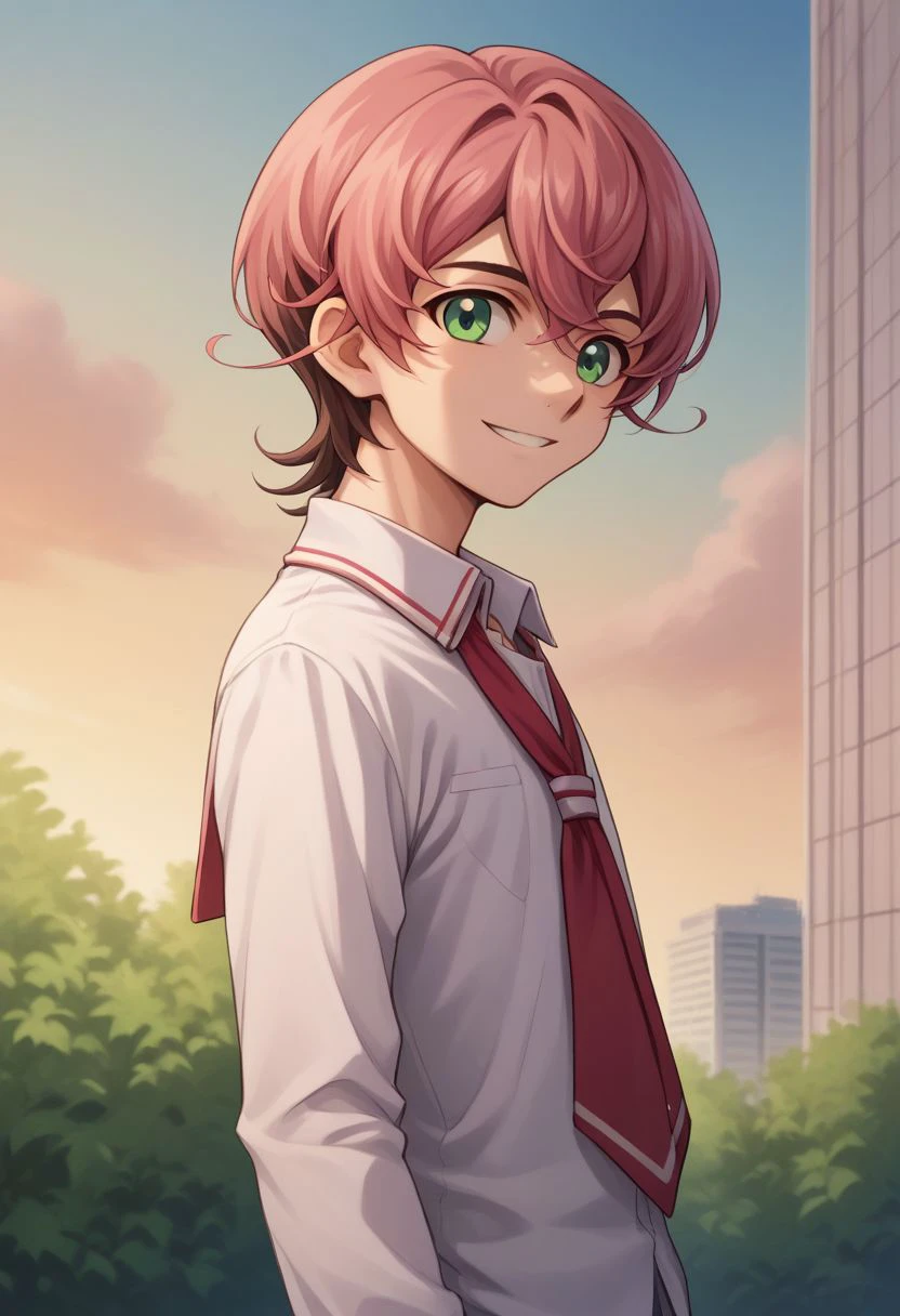 score_9, score_8_up, score_7_up, source_anime, highly detailed, 
trey, solo, green eyes, male focus, 1boy, smile, looking at viewer, pink hair, brown hair,  two-tone hair, shirt, school uniform,
outdoor, sky, day,