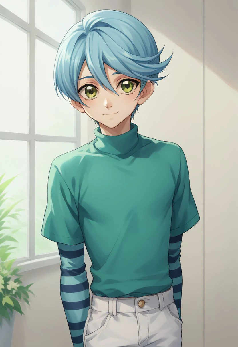 score_9, score_8_up, score_7_up, source_anime, highly detailed, 
nelson, solo, 1boy, male focus, blue hair, green eyes, short hair, upper body, pants, white pants, shirt, striped, layered sleeves, long sleeves, stripes, cute,
indoor, smile, shy,