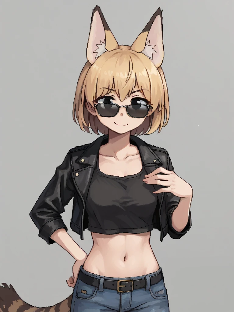 <lora:iloveserval-PonyXL-1024px:0.9>
score_5_up, score_6_up, 
1girl, solo, smirk,  wearing (crop top, leather jacket, denim jeans, belt, sunglasses), midriff, eyebrows visible through hair, short hair, blonde hair, animal ear fluff, (serval_print:0.5), striped_tail