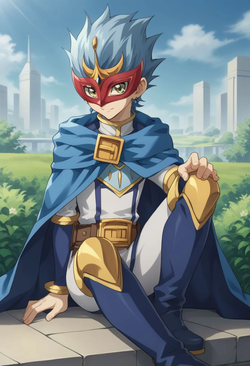 score_9, score_8_up, score_7_up, source_anime, highly detailed, 
nelson, solo, 1boy, male focus, smile, cape, mask, earrings, jewelry, spiked hair, blue hair, belt, closed mouth, eye mask, blue cape, green eyes,
short hair, boots, knee boots,
outdoor, sit, wind,