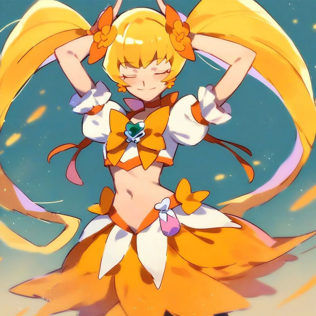 score_9,score_8_up,score_7_up,score_6_up,score_5_up,score_4_up, solo, Cure Sunshine, twintails, long hair, blonde hair, brooch, puffy sleeves, short sleeves, crop top, orange choker, skirt, navel, closed eyes, smile