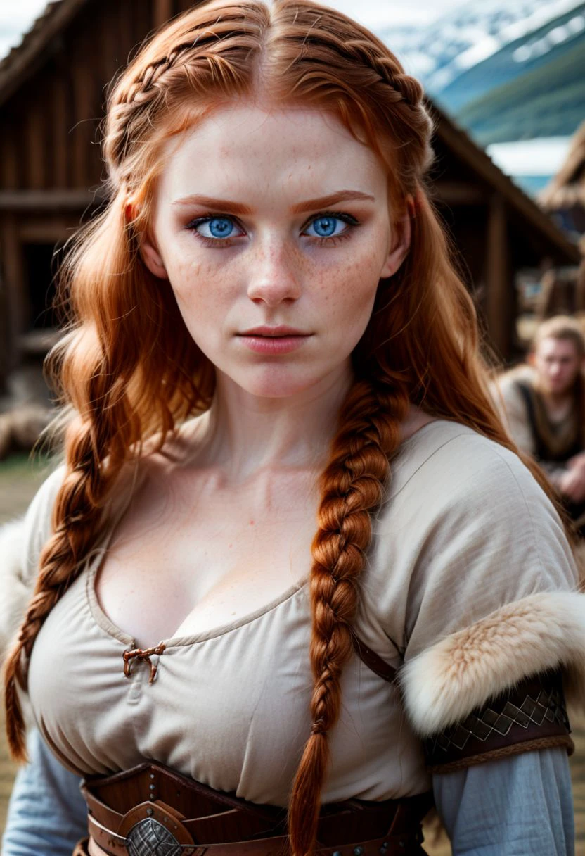 cinematic RAW photo, professional, 4k, highly detailed, masterpiece, beautiful woman, pretty eyes, cinematic lighting, cute, (medium shot), long ((braided)) ginger hair, blue eyes, freckles, busty body, pale skin, outdoor viking village background, (((viking clothes, fur, armor, makeup))),