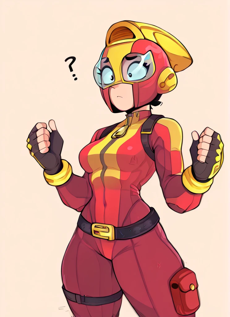 score_9, score_8_up, score_7_up, , bsmax , 1 girl , red bodysuit , simple background,  red helmet , glases  , fingerless gloves, solo, confused,  , yellow bracelet, belt  <lora:bsmax:1>    <lora:Aer0Zer0_Artist_Style:1>