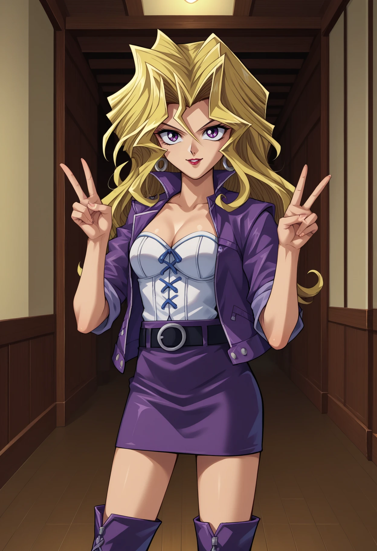 score_9, score_8_up,score_7_up, source_anime, rating_safe, 1girl, solo, <lora:EPygKujakuMai:1>, EPygKujakuMai, purple eyes, blonde hair, long hair, wavy hair, hair between eyes, hair intakes, hoop earrings, red lips,  parted lips, seductive smile, purple jacket, open jacket, white bustier, black belt, purple skirt, miniskirt, pencil skirt, knee boots, high heel boots, purple footwear, smile,  indoors, standing, double v,