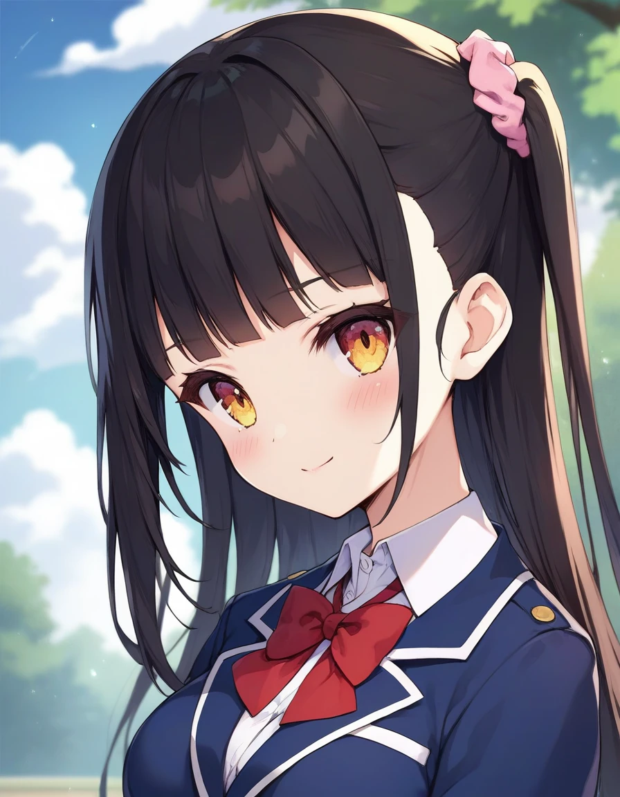 score_9,score_8_up,score_7_up,score_6_up BREAK official art,solo,outdoors,upper body,(portrait:1.5),looking at viewer,facing viewer,Tomori Ayana,very long hair,black hair,one side up,hair ornament,hair scrunchie,pink scrunchie,blunt bangs,yellow eyes,school uniform,blue jacket,blazer,red bowtie,white shirt,collared shirt,long sleeves,medium breasts,skindentation,miniskirt,blue skirt,pleated skirt,plaid skirt,zettai ryouiki,white thighhighs,loafers,<lora:Tomori Ayana(mf)-Pony:1.2>,<lora:Smooth Anime Style LoRA XL:0.8>,