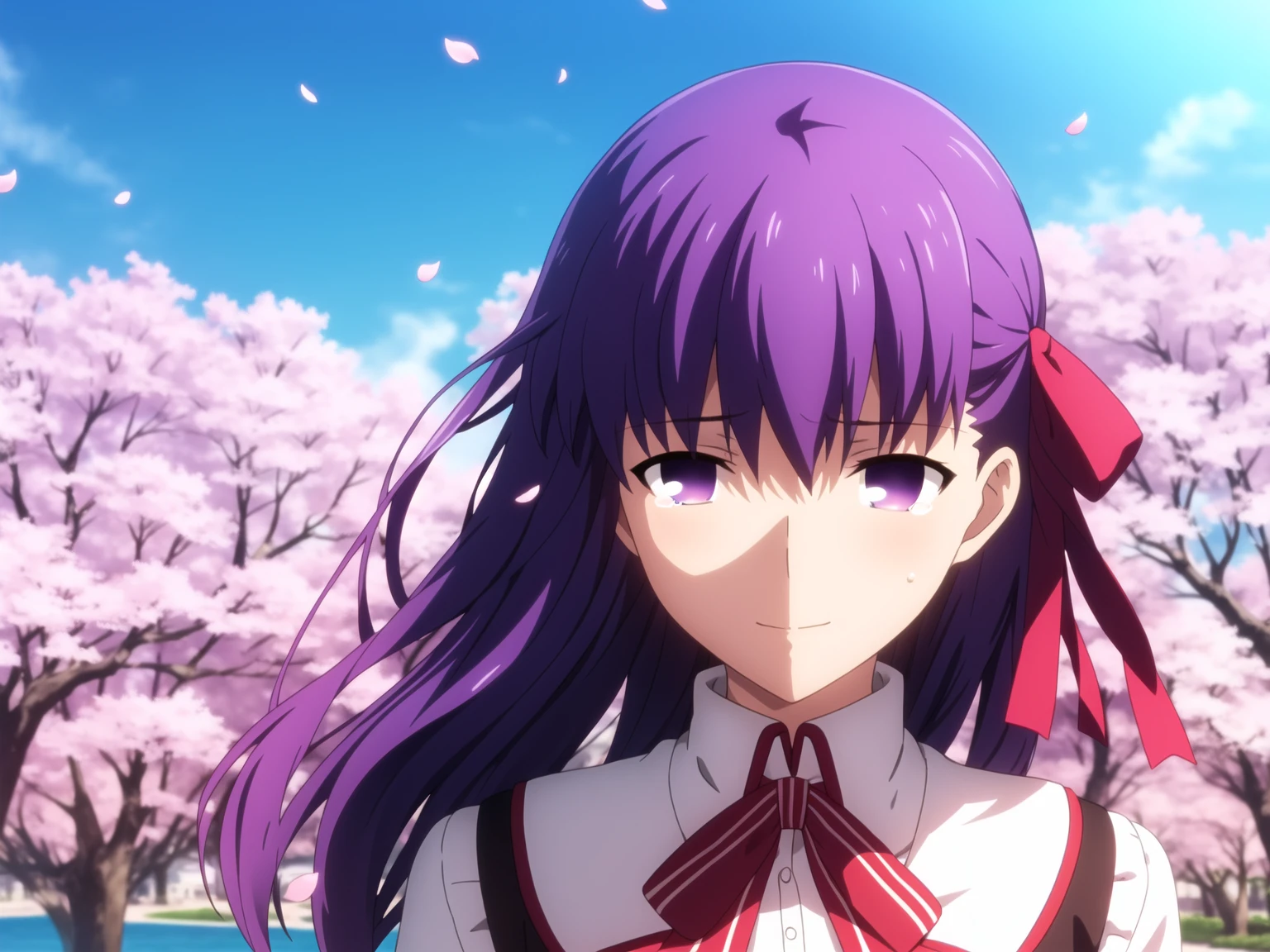 absurdres,cherry blossoms, flower ocean,fate/stay night, heaven's feel, <lora:sakura:0.6>,matou sakura,  school  uniform,  1girl, purple eyes, long hair, purple hair,hair  bow,full_body,