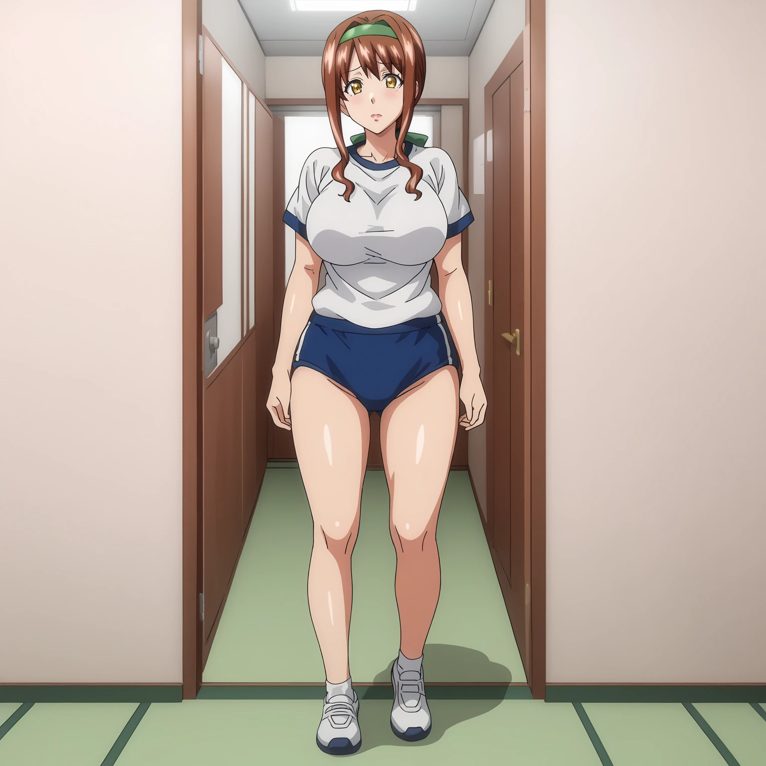 <lora:HarukaShigaXLpony001>,
solo,
HarukaShiga,1girl,brown hair,green hair band,low ponytail,yellow eyes,
large breasts,
gym shirt,white shirt,
buruma,
full body,standing,