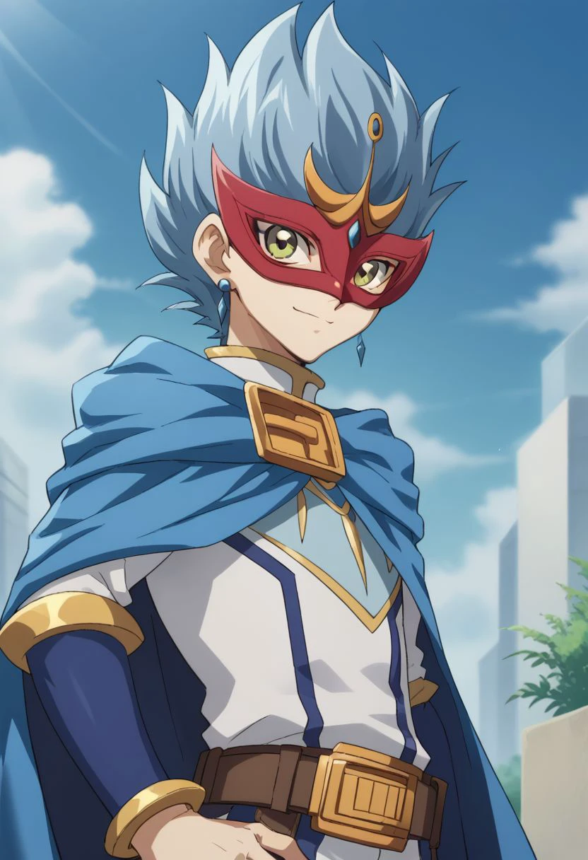 score_9, score_8_up, score_7_up, source_anime, highly detailed, 
nelson, solo, 1boy, male focus, smile, cape, mask, earrings, jewelry, looking at viewer,
spiked hair, blue hair, belt, closed mouth, eye mask, blue cape, green eyes,
hand on hip, short hair, upper body,
outdoor, sky,