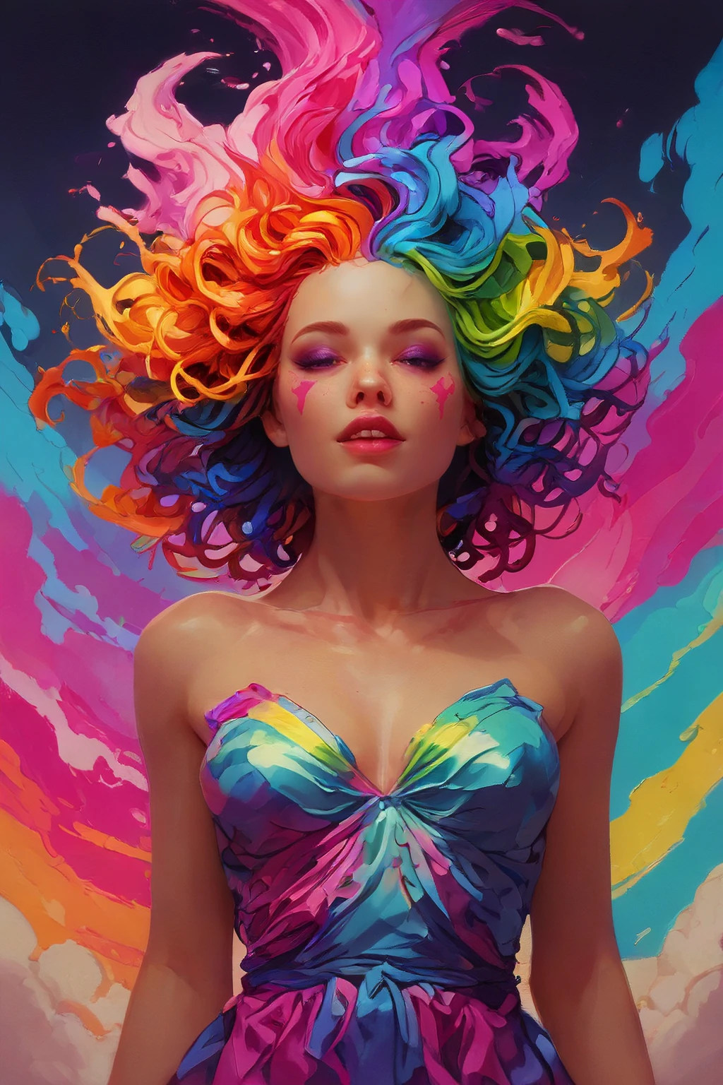 score_9,score_8_up,score_7_up,score_6_up,score_5_up,score_4_up,<lora:Turbo_XL:1>,<lora:Rainbow_Tornado:1>,rainbow tornado,rainbow hair,multicolored hair,colorful,radiant smile,happy face,makeup,intracate dress,vibrant colors,vaporwave style,<lora:fugtrup-guy-PONYv2:1>,