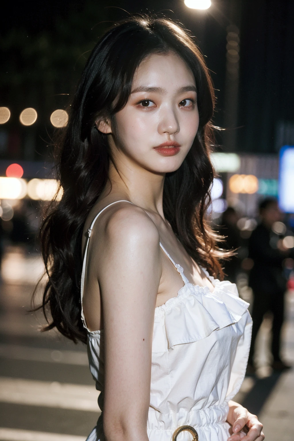 Best quality, masterpiece, ultra high res, (photorealistic), raw photo,1girl, skinny, upper body,solo, realistic, looking at viewer, long hair, bokeh background, city streets,brown eyes, bohemian dress,  <lora:makina69_kimgoeun_v1.0:1>