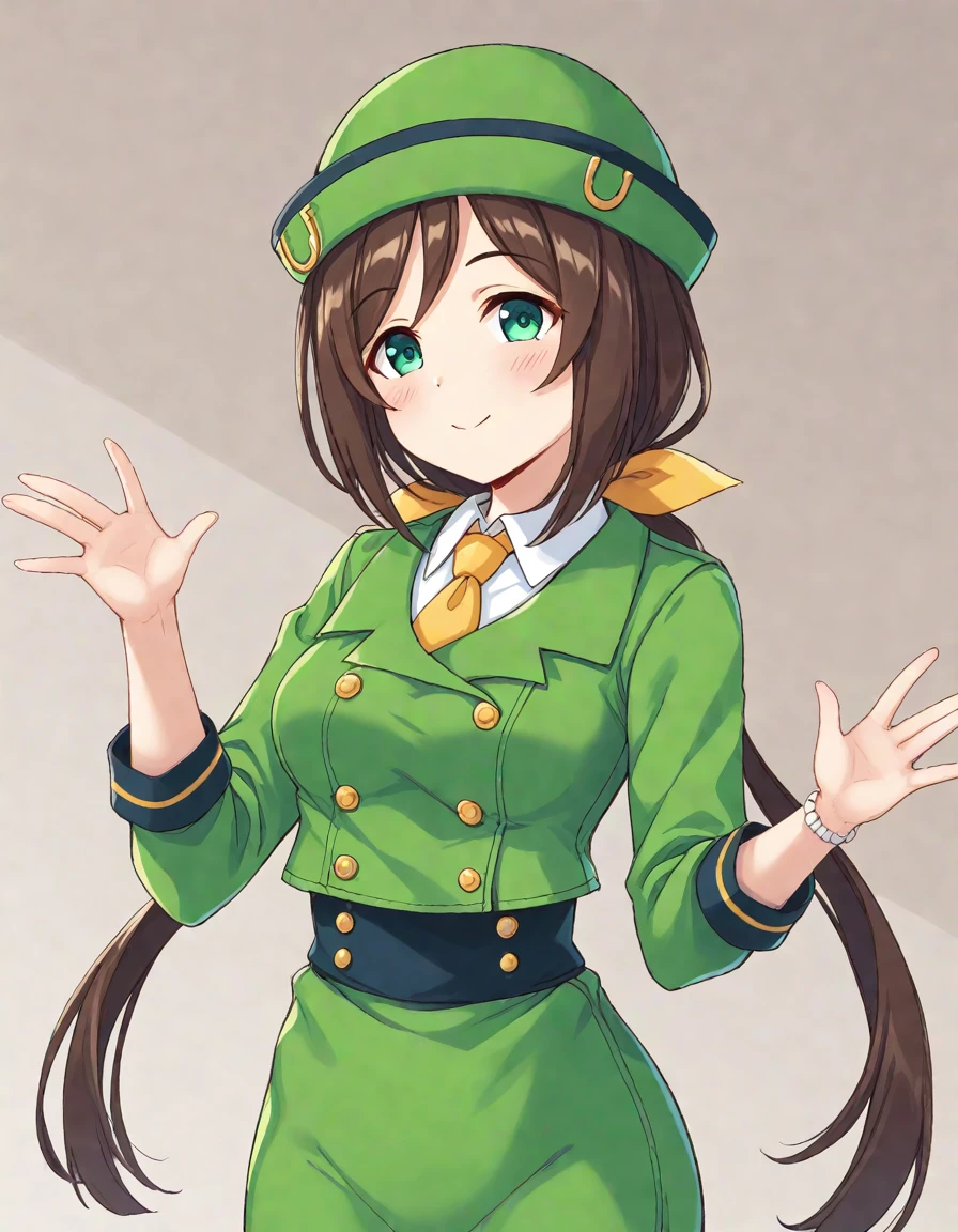 <lora:hayakawa_tazuna_XL-bf16-pony-v1:1>hayakawa tazuna, office lady,green hat, BREAK score_9, score_8_up, score_7_up, BREAK source_anime, best quality, masterpiece, uncensored,(clear eyes:1.2),(4 finger:0.5),zPDXLpg , <lora:Hyper-SDXL-4steps-lora:1>,