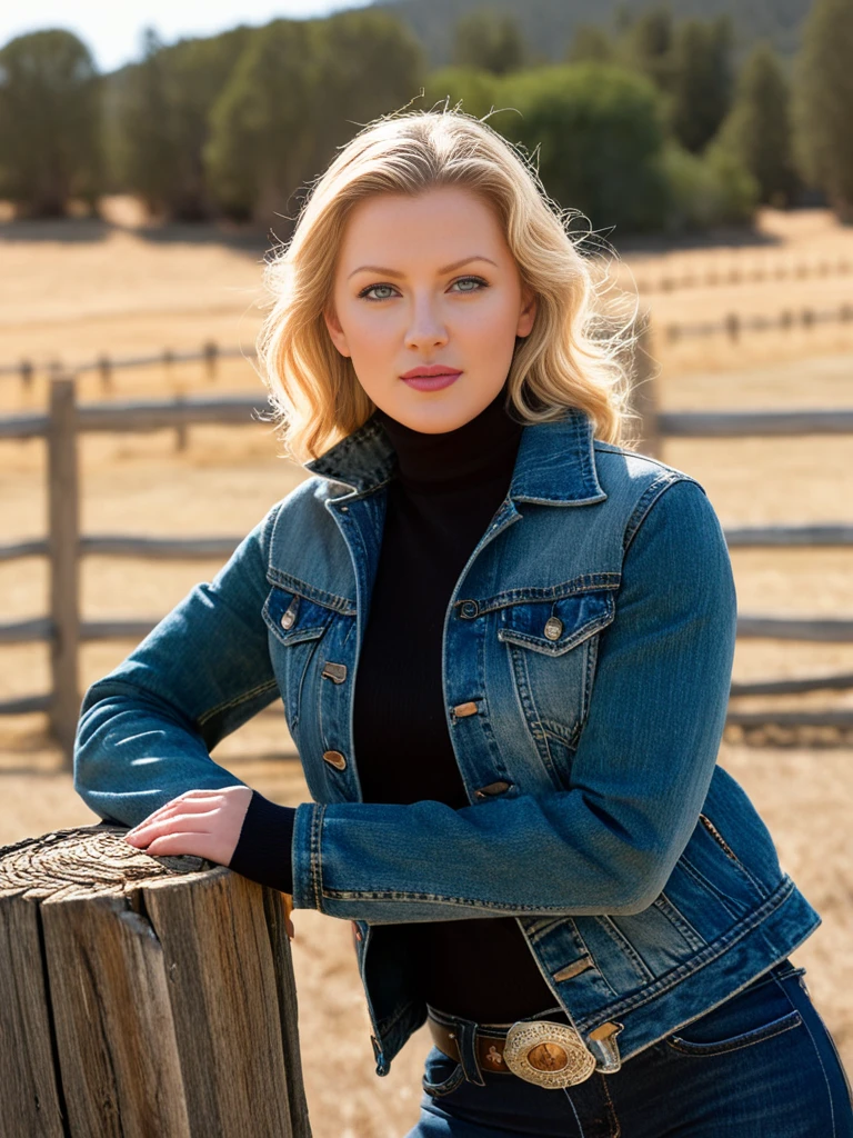 cinematic film still breathtaking 6r3tch3nm01, full body, blond hair, green eyes, cowboy shot, denim jacket, black turtleneck sweater, jeans, lips, outdoors, on a ranch, leaning on a wooden post, looking at viewer, morning, bright, <lora:Gretchen_Mol_PMv1a_SDXL:1.3>,, masterpiece, award-winning, professional, highly detailed, shallow depth of field, vignette, highly detailed, high budget Hollywood film, bokeh, cinemascope, moody, epic, gorgeous, film grain