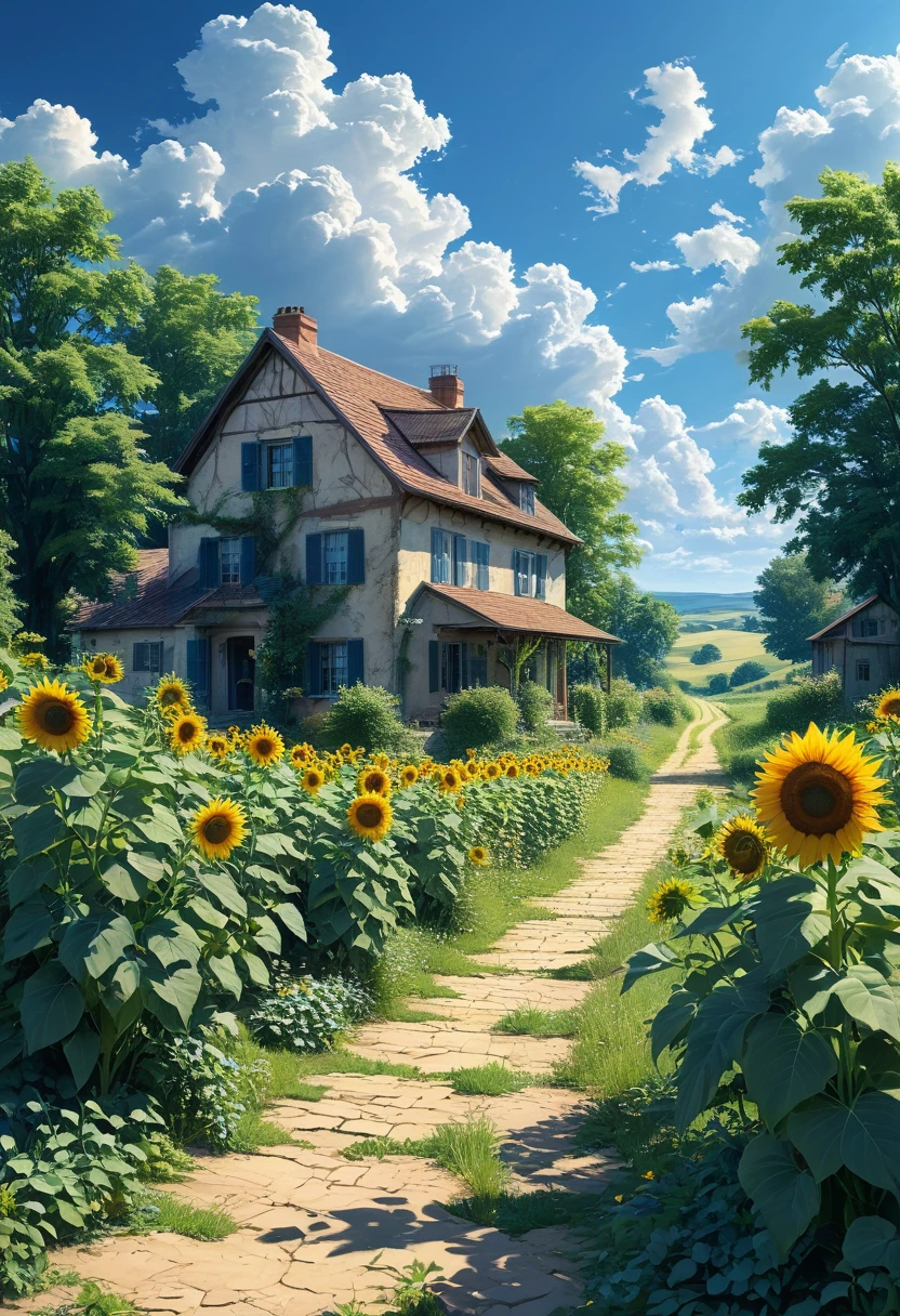 (ultra high res:1.4), (masterpiece:1.4), (beautiful lighting:1.4), A beautiful sunflower field, there is an old house in the distance, blue sky and white clouds, green trees on both sides of small paths leading to houses,