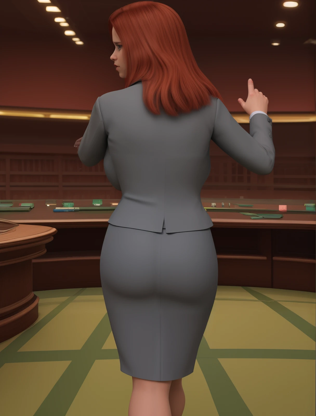 realistic, absurdres, masterpiece, aloona, 1girl, full body, angry, red hair, auburn, grey eyes, gorgeous, barefoot, standing, rear view, round ass, (teacher outfiit, grey jacket, grey skirt pencil skirt:1.0), (black bunnysuit, fishnet stockings, rabbit tail:0.0), (black catsuit, leather bodysuit, cleavage, black boots, thigh-high boots, knee pads:0.0), excessive pubic hair, red pubic hair, ripped clothes, massive scale environment, casino, sharp focus, daylight <lora:Character_-_Agent_Alona_Game_SD_1.5:0.8> <lora:lcm_lora_sd15_PAseer_2mb:1><lora:quiron_GapingAssholesAllFour_v3_Lora:0.0>