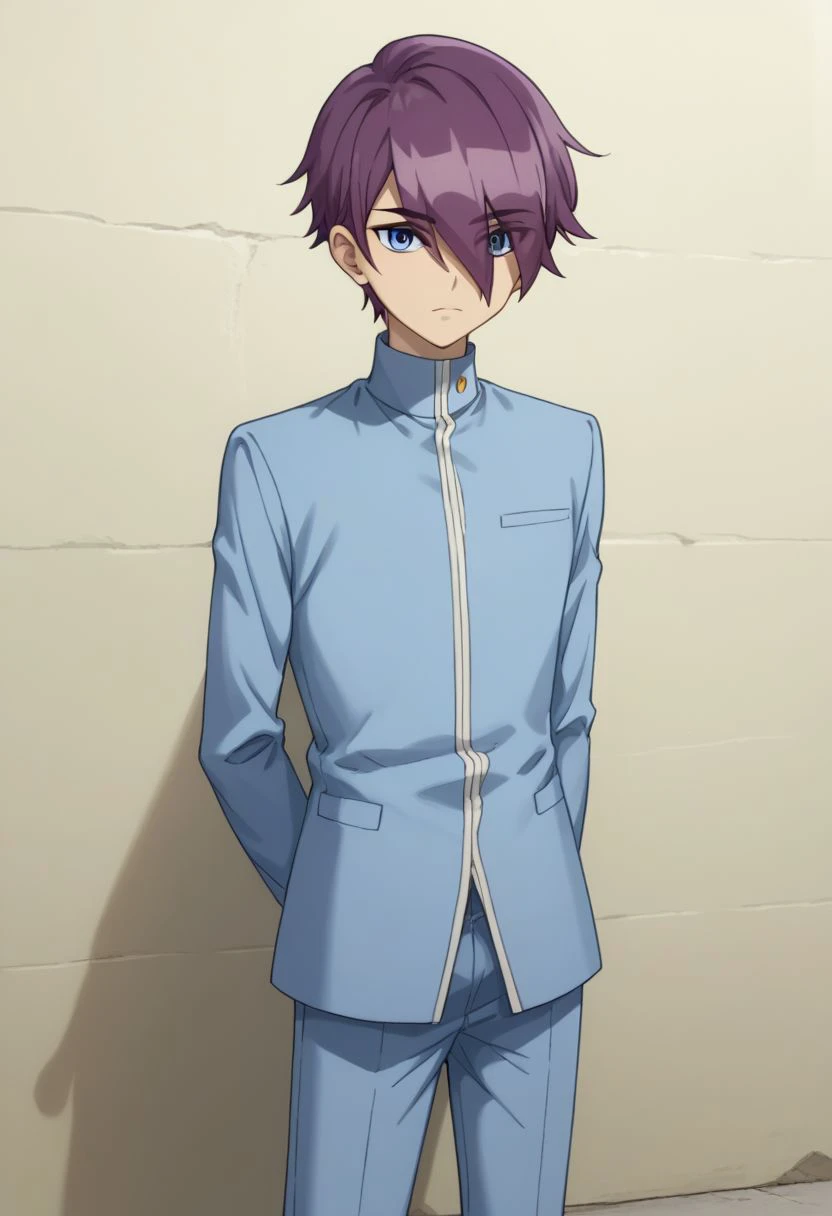 score_9, score_8_up, score_7_up, source_anime, highly detailed, 
gavin, solo, 1boy, male focus, purple hair, hair over one eye, school uniform, standing, pants, blue eyes, eyes visible through hair, hair between eyes, blue pants, blue jacket, arms behind back, 
outdoor,