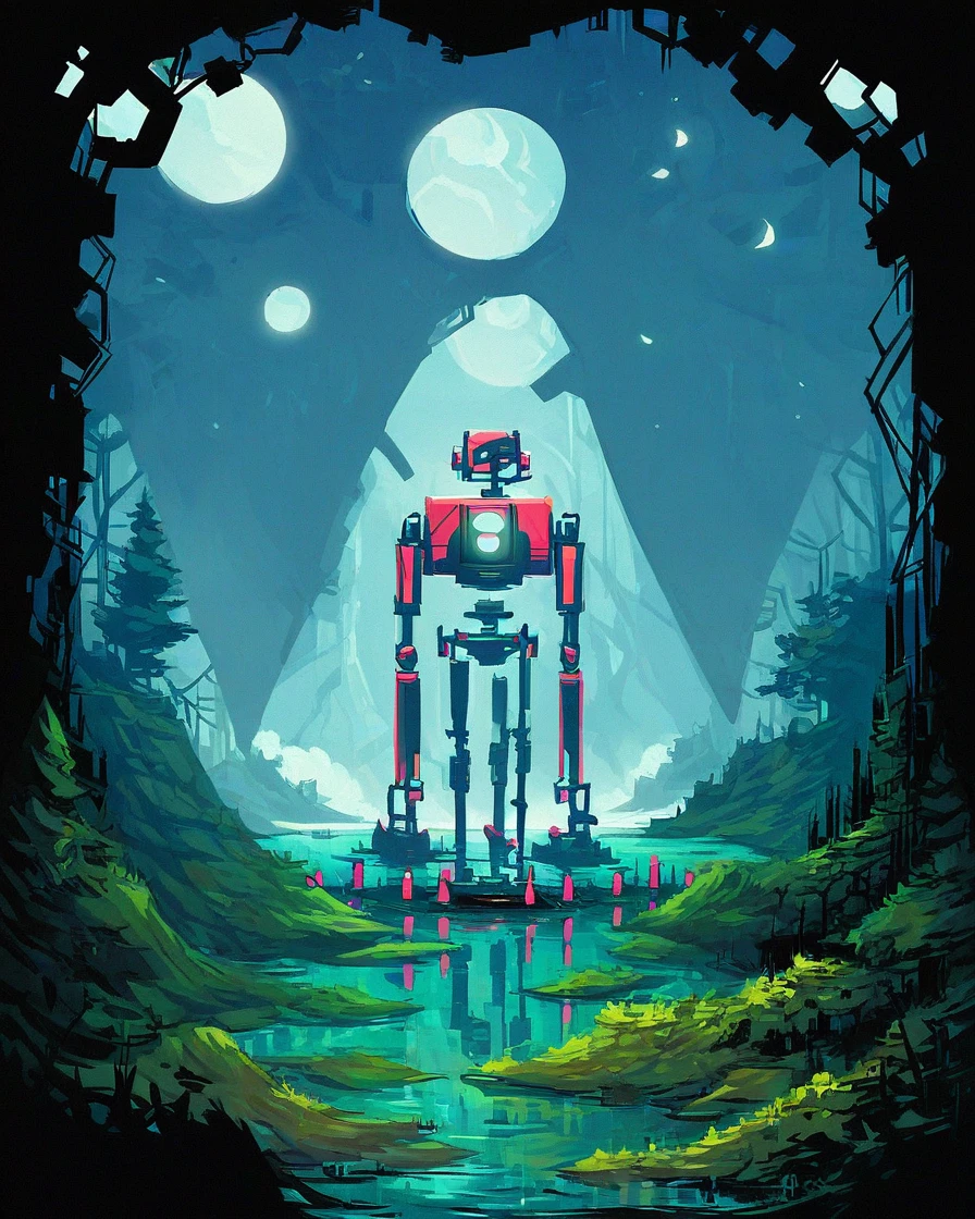 (score_9, score_8_up, score_7_up:1.1), score_6_up, score_5_up, score_4_up,  <lora:Fantasy-000009:1>,  awawa, dark, moon, nature, no humans, outdoors, reflection, robot, scenery