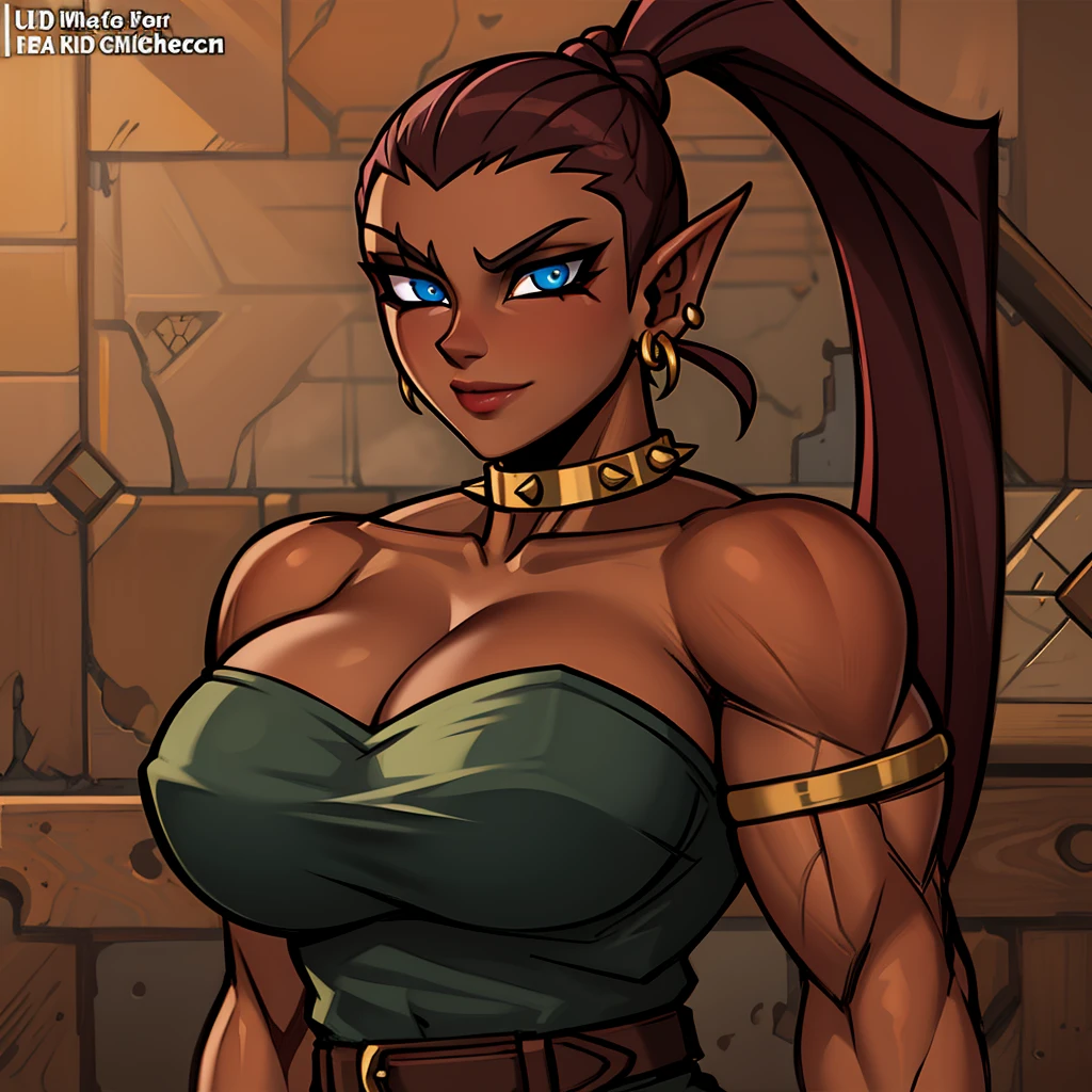 Best_QualityPos, RAW photo, intricate details, best quality, 8k uhd, soft lighting, 1girl, solo, TaniaGX, blue eyes, pointy ears, brown hair, long hair, ponytail, dark skin, black tank top, cleavage, bare shoulders, strapless, jewelry, earrings, armlet, choker, muscular female, belt  <lora:exposure_control_v10:-0.3> <lora:TaniaGX:0.7>