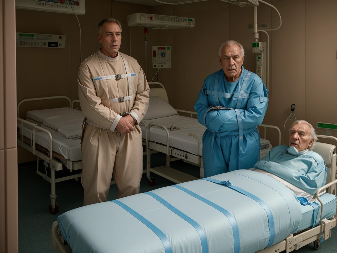 <lora:StraightJacket:1.2>  two guards escorting an elderly man in a straight jacket to a hospital bed, cold light, master piece , horror,<lora:hospital:0.8>