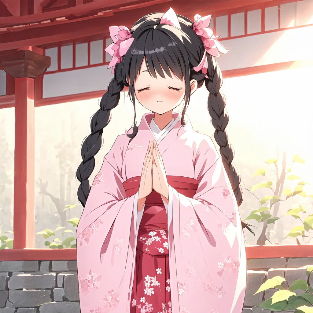 cute style, A serene anime-style girl with long, dark braids and pink hair accessories, wearing a traditional light pink kimono with floral patterns. She has her eyes closed and hands clasped together in a prayerful pose. The background features traditional Japanese architecture and soft, warm sunlight, creating a peaceful and contemplative atmosphere.