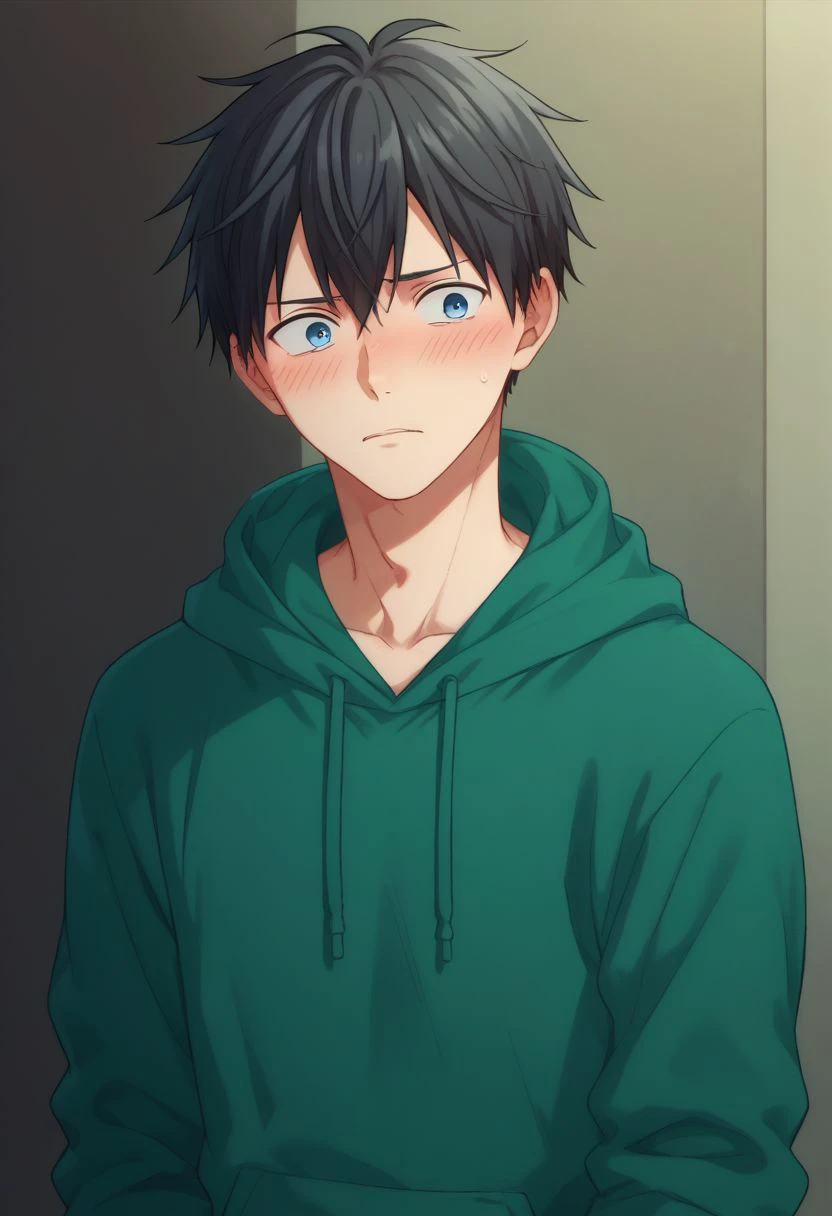 score_9, score_8_up, score_7_up, source_anime, highly detailed, skinny, short neck,
ueno, 1boy, male focus, solo, black hair, blue eyes, green hoodie, hood, blush, embarassed, pants, upper body,
indoor,