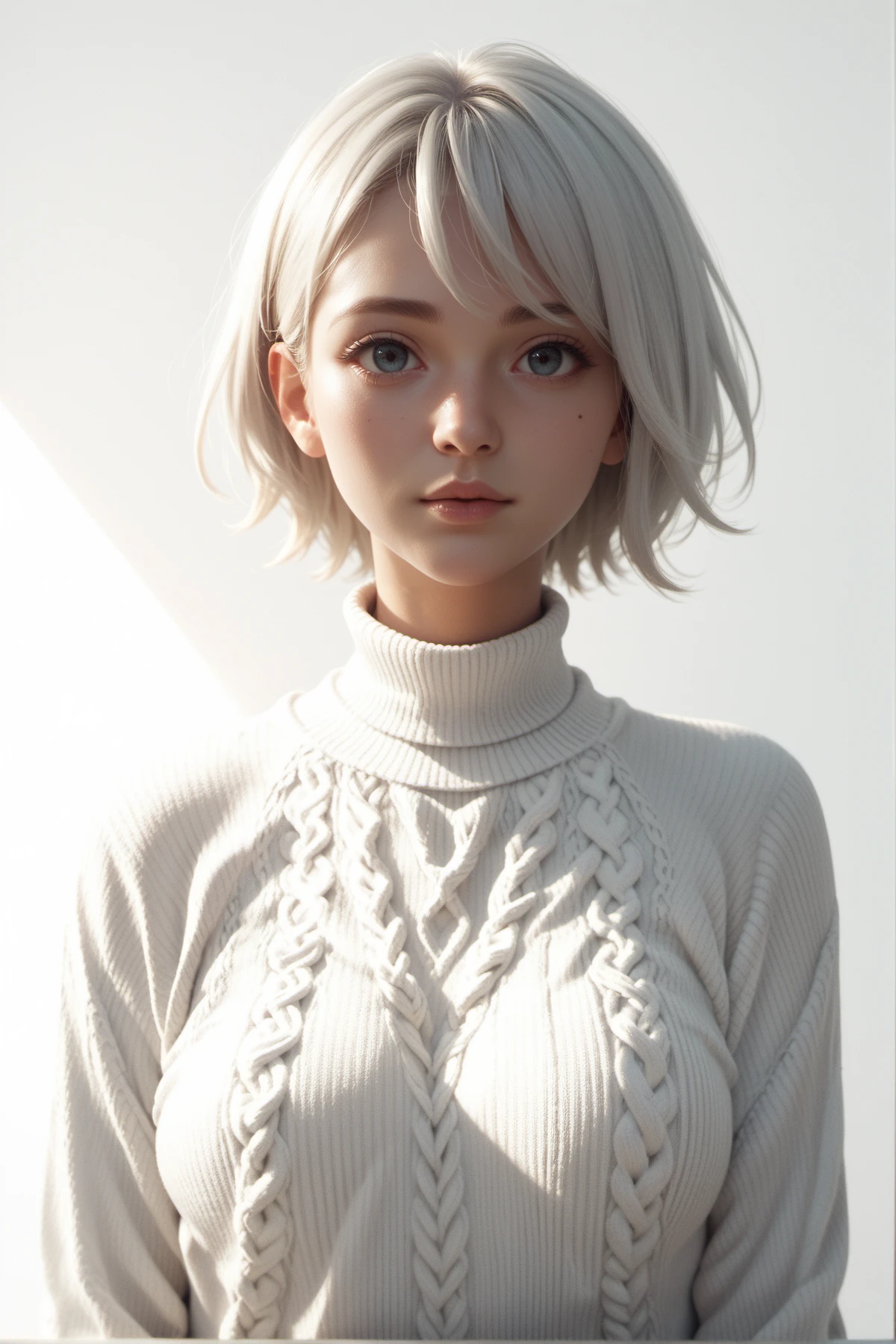 score_9, score_8_up, score_7_up,score_6_up, score_5_up, 1girl, upper body, white short hair,  looking at the viewer, Long sleeve sweater,  front lighting, simple background,