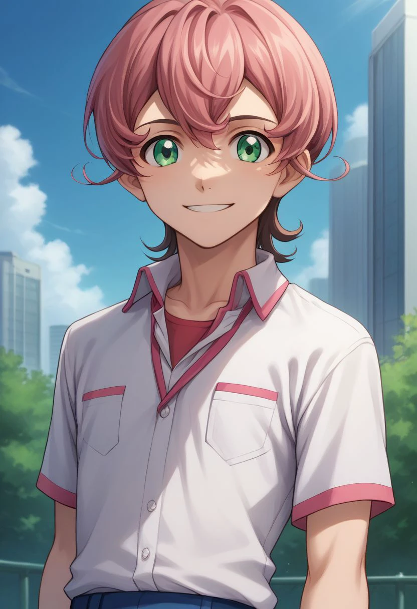 score_9, score_8_up, score_7_up, source_anime, highly detailed, 
trey, solo, green eyes, male focus, 1boy, smile, looking at viewer, pink hair, brown hair,  two-tone hair, shirt, male school uniform,
outdoor, sky, day,