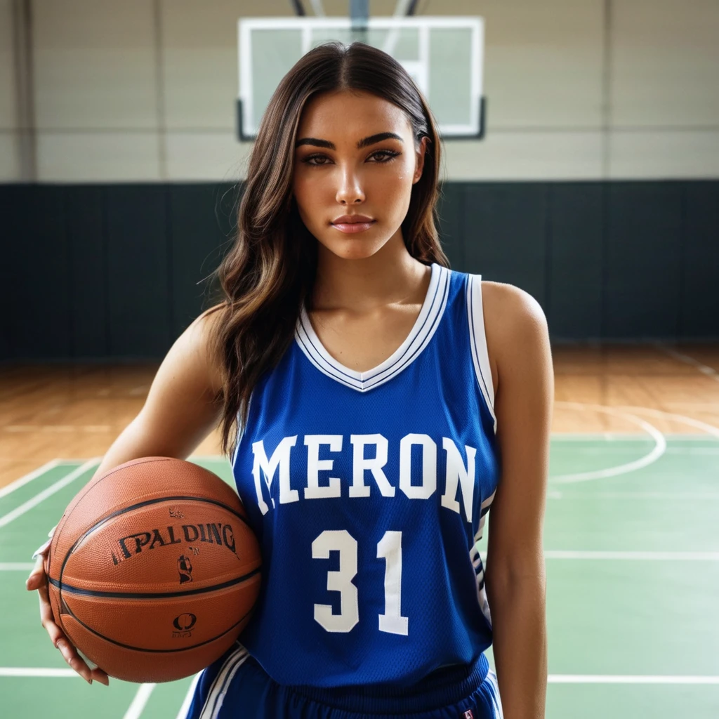 Hyperrealistic art half body photo of a m4d1s0n a woman, wearing a basketball jersey, at a basketball court, looking at camera,  <lora:madjugvvx2020:.8> . Extremely high-resolution details, photographic, realism pushed to extreme, fine texture, incredibly lifelike