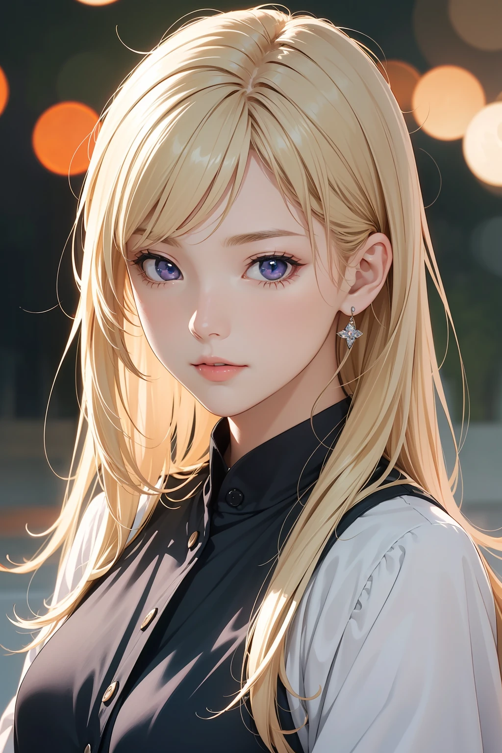 1girl, upper body, (masterpiece, best quality), RAW photo, 16k wallpaper, extremely detailed CG, amazing, ultra detailed, hyperrealistic, official art, High quality texture, incredibly absurdres, highres, 18 years old, cute girl, blonde hair, beautiful face, detailed dark indigo eyes, epiCPhoto