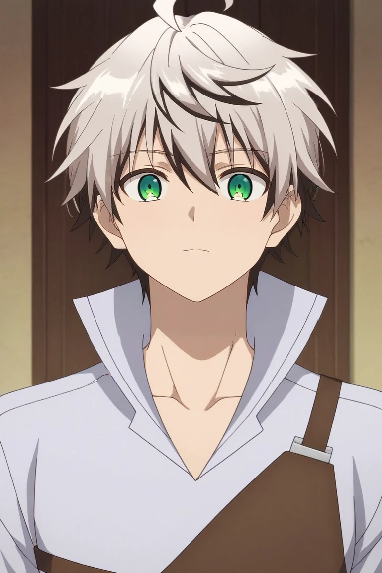 score_9, score_8_up, score_7_up, source_anime, rating_safe, intricate details, , looking at viewer, , 1boy, solo, male focus, <lora:rein_shroud_pony:0.86>, rein_shroud, grey hair, green eyes, short hair, multicolored hair, two-tone hair, black hair, bangs, hair between eyes, ahoge, , , <lora:sdxl_lightning_8step_lora:1>