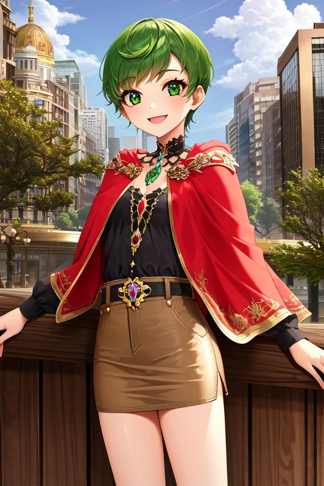 1 girl, outdoors, city, standing, smile,
 <lora:Thousand_Arms_-_Kyleen_Nelphe:0.7> takyleen, green hair, short hair, green eyes,
capelet, short skirt, brown skirt,