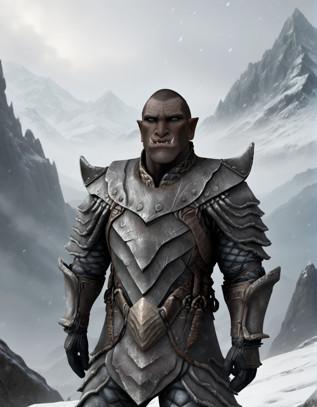 A powerful Orsimer warrior stands resilient against the harsh, snowy Skyrim landscape. Weathered plate armor encases his imposing physique as he gazes steadfastly into the camera's lens. Snowflakes gently fall onto the rugged mountainside behind him, while a faint mist veils the peaks in mystery. His stern expression and determined jawline convey unwavering strength. (((front view, looking at the viewer))), shaved head,orsimer<lora:EMS-400363-EMS:1.000000>, <lora:EMS-20438-EMS:1.000000>