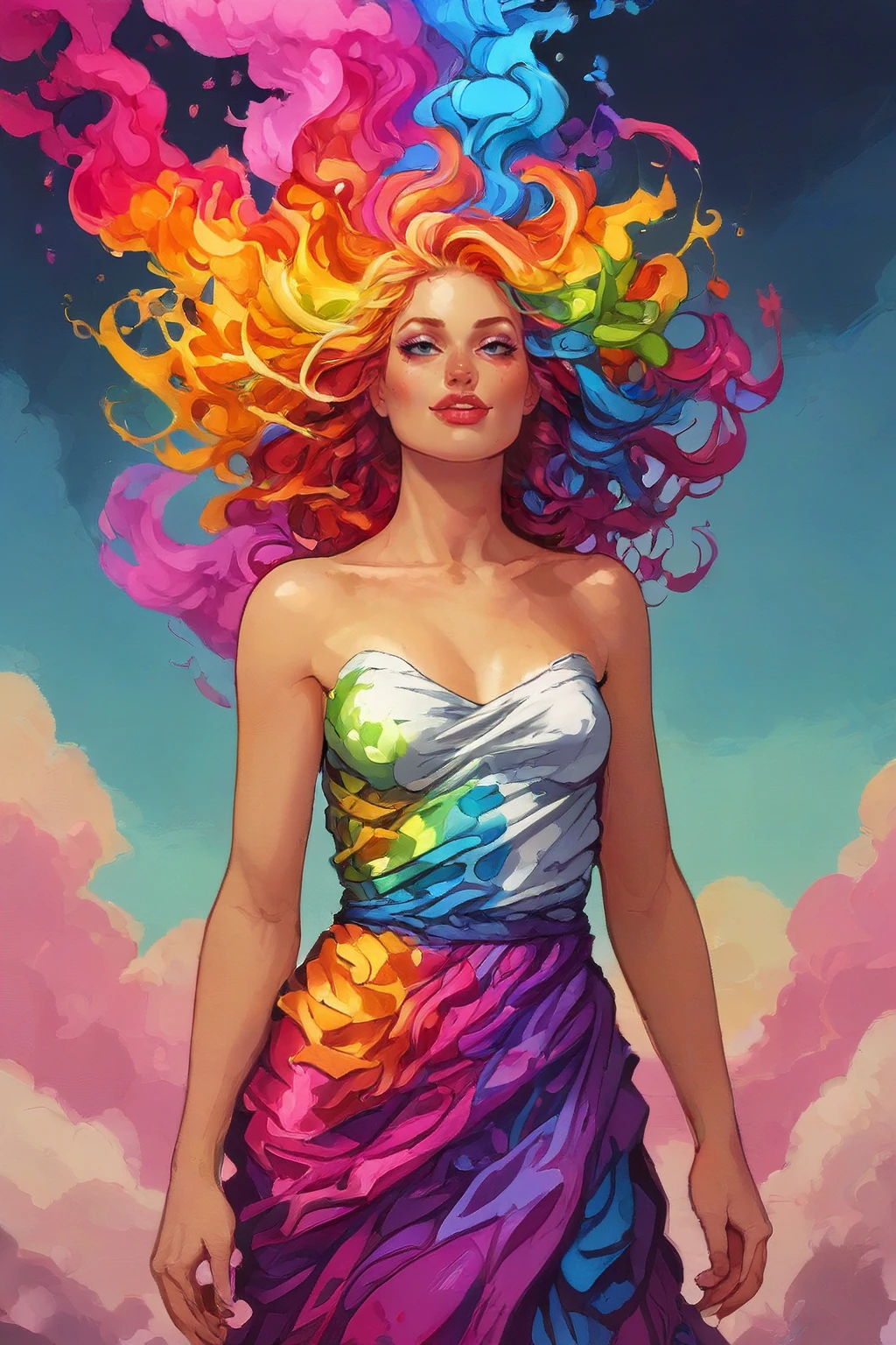 score_9,score_8_up,score_7_up,score_6_up,score_5_up,score_4_up,<lora:Turbo_XL:1>,<lora:Rainbow_Tornado:1>,rainbow tornado,rainbow hair,multicolored hair,colorful,radiant smile,happy face,makeup,intracate dress,vibrant colors,vaporwave style,<lora:Reinbach_XL:1>,@ReinbachArt,S. Reinbach \(Artist\),Reinbach \(Artist\),