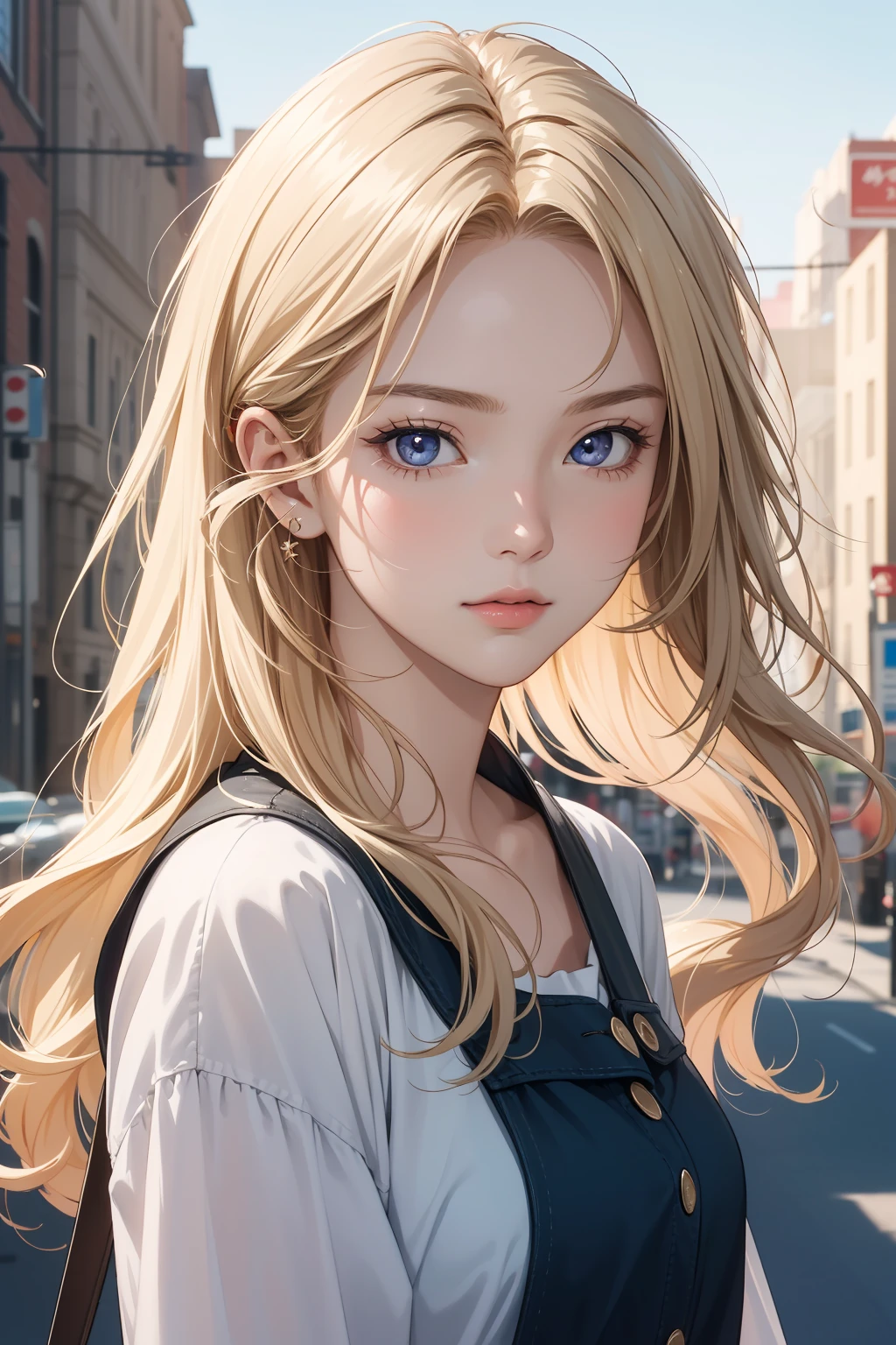 1girl, upper body, (masterpiece, best quality), RAW photo, 16k wallpaper, extremely detailed CG, amazing, ultra detailed, hyperrealistic, official art, High quality texture, incredibly absurdres, highres, 18 years old, cute girl, blonde hair, beautiful face, detailed dark indigo eyes, epiCPhoto