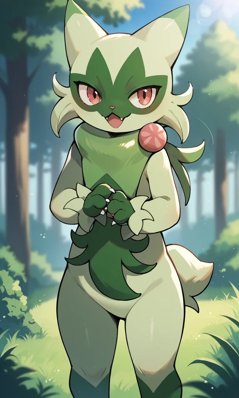 score_9,score_8_up,score_7_up, source_anime, source_furry, 1girl, solo, confident, happy, pokemon, outdoors, floragato, happy, forest