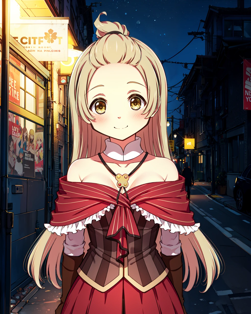 masterpiece, high quality, mgrcazumihagumu, 1girl, upper body, medium shot, looking at viewer, yellow eyes, blonde hair, brown hairpin, white detached collar, golden brooch on neck, red with white dress, brown with yellow corset, long brown gloves, hands behind back, light smile, outdoors, city, street, evening, detailed, <lora:mgrcazumihagumu:0.8>