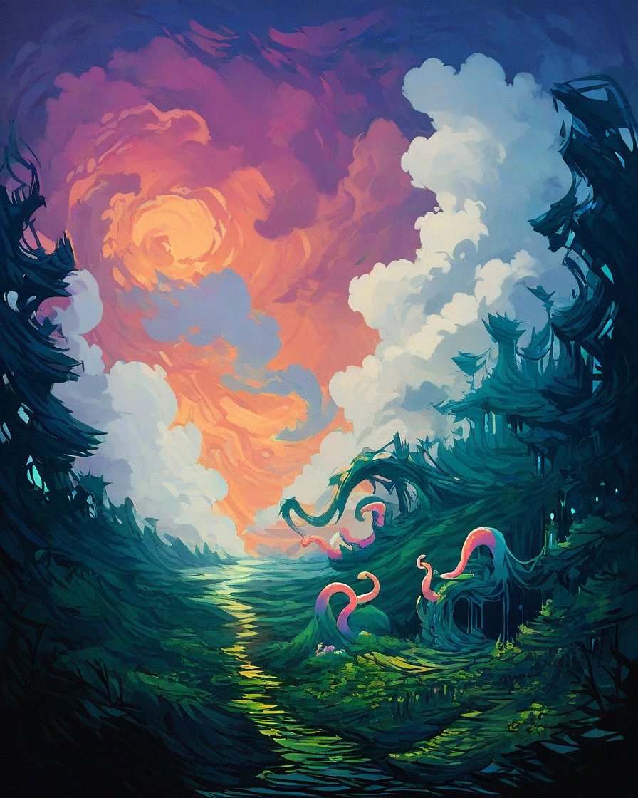 (score_9, score_8_up, score_7_up:1.1), score_6_up, score_5_up, score_4_up,  <lora:Fantasy-000009:1>,  abstract, awawa, cloud, night, outdoors, scenery, tentacles