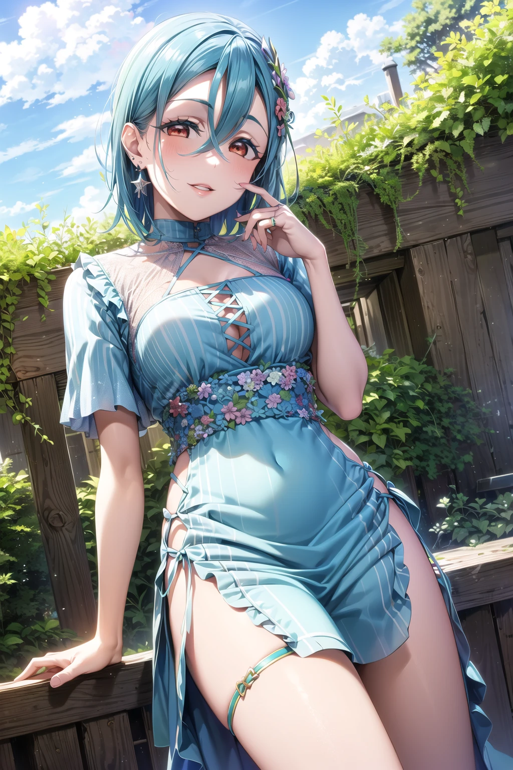 <lora:apstyle2:0.75> apstyle3 apstyle masterpiece best quality detailed eyes masterpiece best quality
1girl, wakana shiki, short hair, blue hair, hair between eyes, jewelry, earrings, bangs, red eyes, <lora:shiki:0.7>, medium breasts, cowboy shot, standing, seductive smile, solo
dress, frills, frilled dress, short sleeves
(outdoors, greenery, sky:1.1) cowboy shot, light smile, standing, parted lips, (tareme)
<lora:detail_slider_v4:0.5> <lora:more_details:0.3> ah1 <lora:1651489307798708599:0.2>, <lora:GoodHands-vanilla:1> <lora:tareme:0.5>