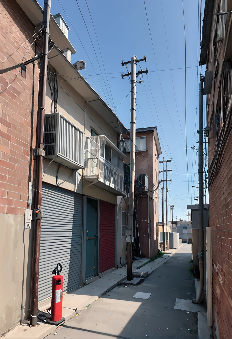 score_9,score_8_up,score_7_up,8k,hd,,ruanyi0675,no humans,power lines,industrial pipe,air conditioner,alley,brick wall,cable,clothesline,crosswalk,utility pole,vanishing point,night,dark,horror \(theme\),<lora:0675 Messy urban village_v1_pony:1>