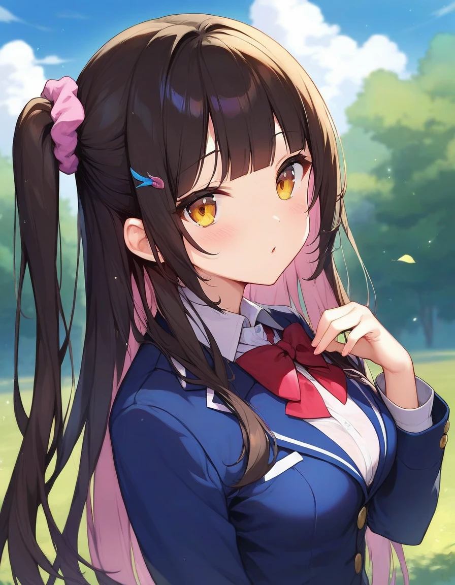 score_9,score_8_up,score_7_up,score_6_up BREAK official art,solo,outdoors,upper body,(portrait:1.5),looking at viewer,facing viewer,Tomori Ayana,very long hair,black hair,one side up,hair ornament,hair scrunchie,pink scrunchie,blunt bangs,yellow eyes,school uniform,blue jacket,blazer,red bowtie,white shirt,collared shirt,long sleeves,medium breasts,skindentation,miniskirt,blue skirt,pleated skirt,plaid skirt,zettai ryouiki,white thighhighs,loafers,<lora:Tomori Ayana(mf)-Pony:0.7>,<lora:Smooth Anime Style LoRA XL:0.8>,