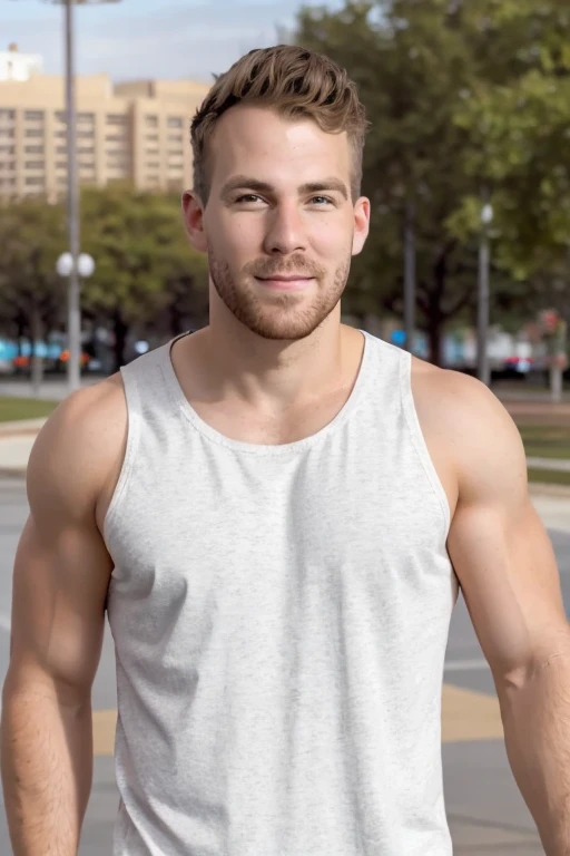 <lora:Kellan_Reck_Lora-10:0.9>, kellan reck, white tank top, park background, portrait