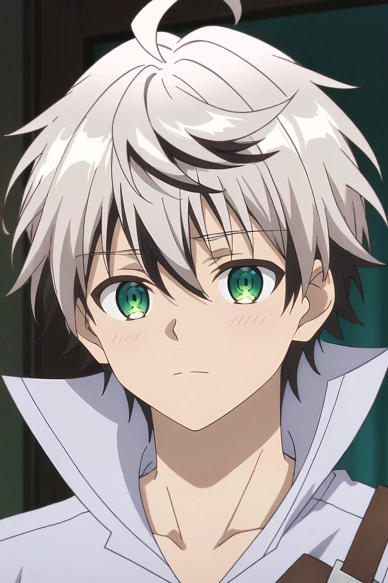 score_9, score_8_up, score_7_up, source_anime, rating_safe, intricate details, anime screencap, , official style, , , 1boy, solo, male focus, <lora:rein_shroud_pony:0.9>, rein_shroud, grey hair, green eyes, short hair, multicolored hair, two-tone hair, black hair, bangs, hair between eyes, ahoge, , texan costume, <lora:sdxl_lightning_8step_lora:1>