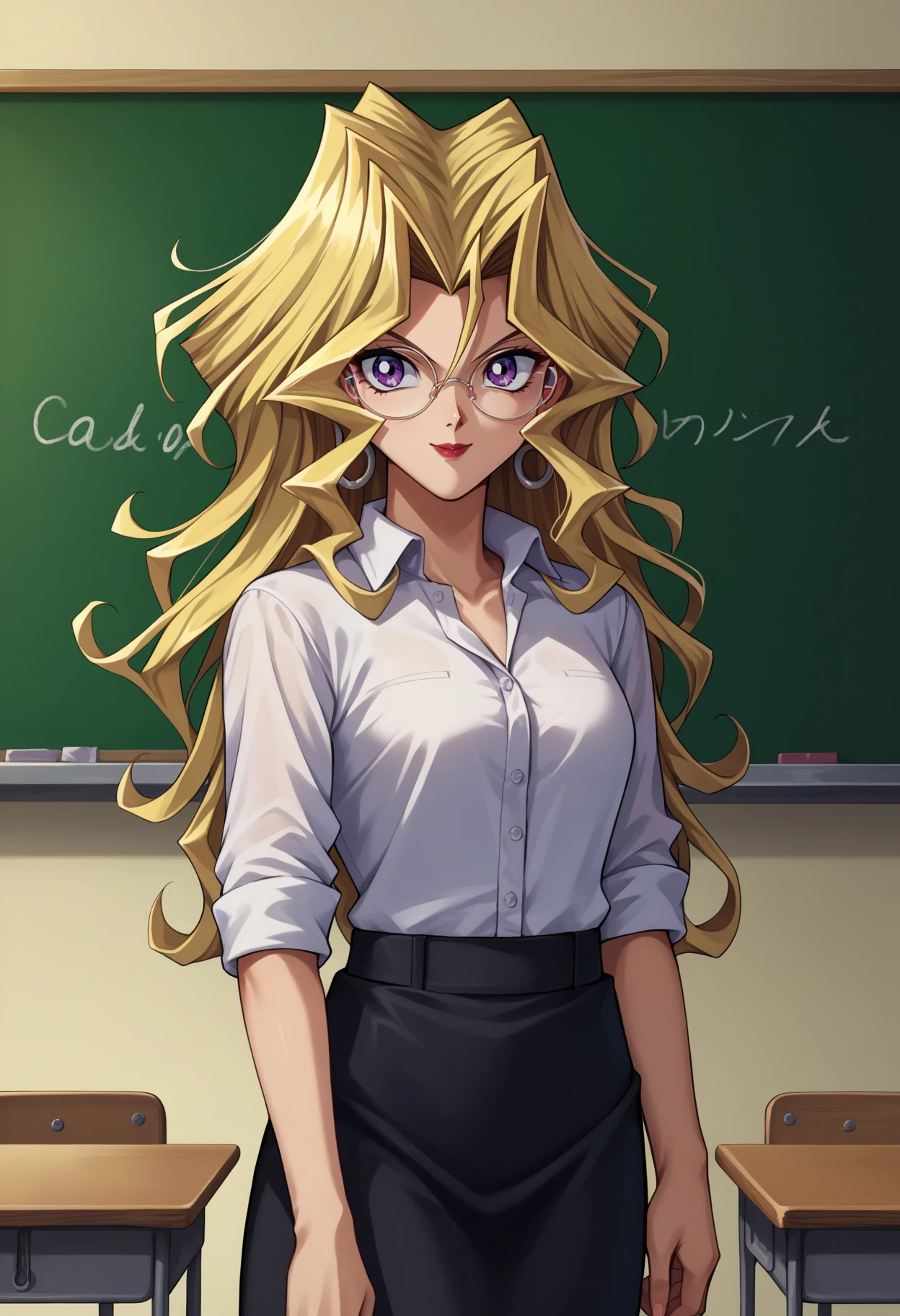 score_9, score_8_up,score_7_up, source_anime, rating_safe, 1girl, solo, <lora:EPygKujakuMai:1>, EPygKujakuMai, purple eyes, blonde hair, long hair, wavy hair, hair between eyes, hair intakes, hoop earrings, red lips,  indoors, classroom, white shirt, collared shirt, black skirt, long skirt, ponytail, round eyewear, teacher, chalkboard, smile, writing,