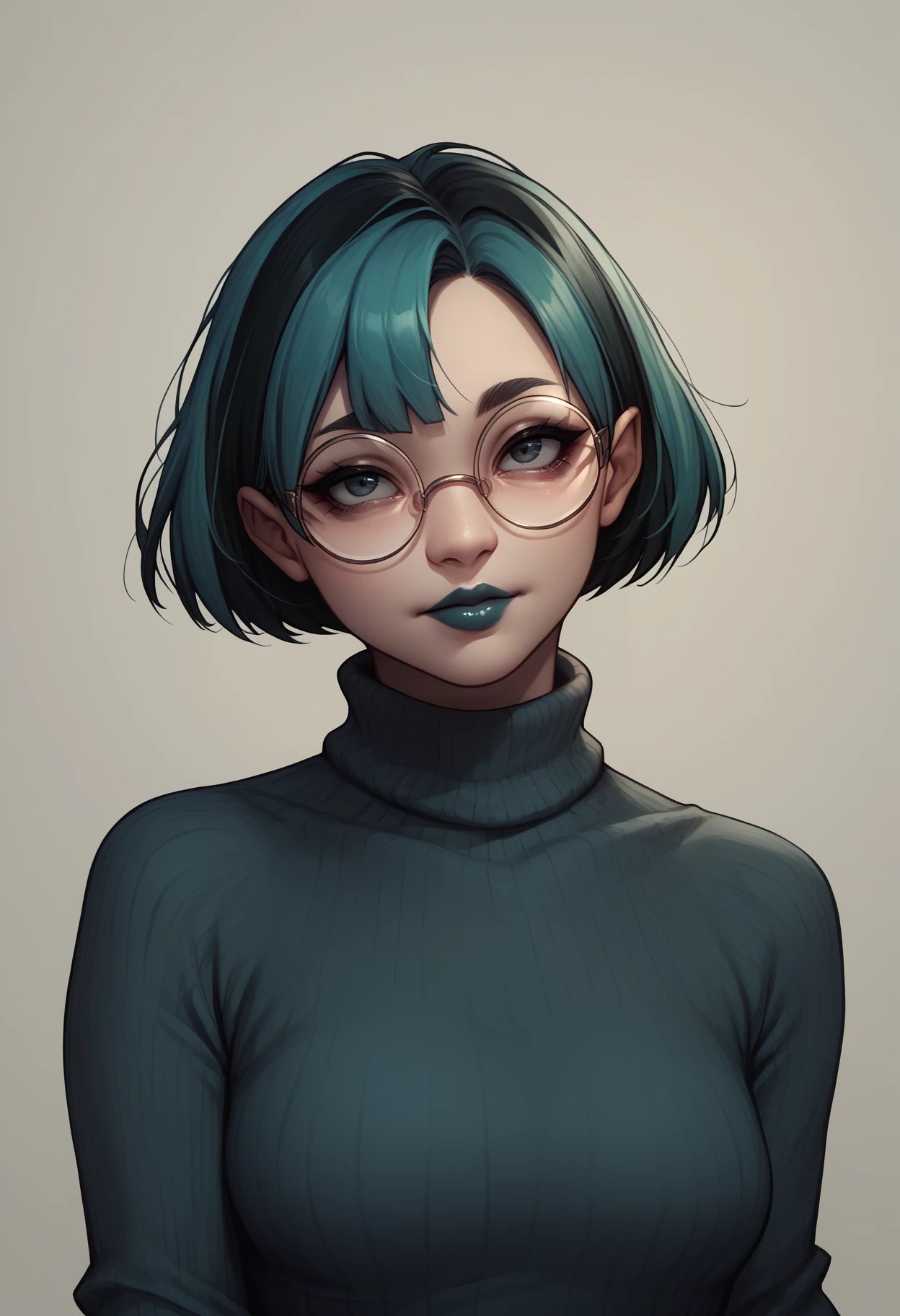 score_9, score_8_up, score_7_up, <lora:gwentd-guy-PONY-LyCORIS-v1:.9>, gwentd, 1girl, solo, two-tone hair, lipstick, makeup, turtleneck sweater, round eyewear, source_anime