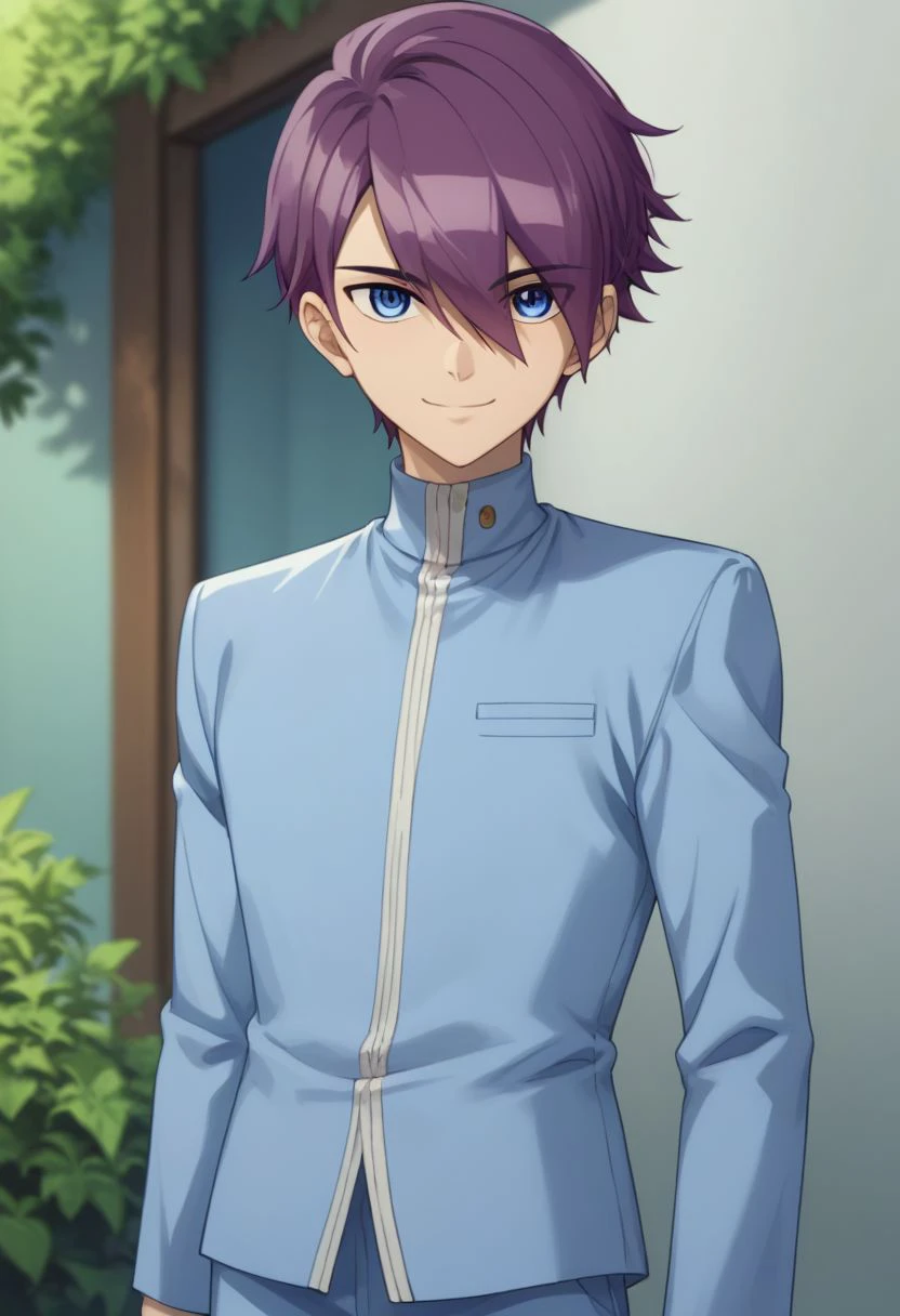 score_9, score_8_up, score_7_up, source_anime, highly detailed, 
gavin, solo, 1boy, male focus, purple hair, hair over one eye, school uniform, standing, pants, blue eyes, hair between eyes, blue pants, blue jacket, smile, upper body,
outdoor,