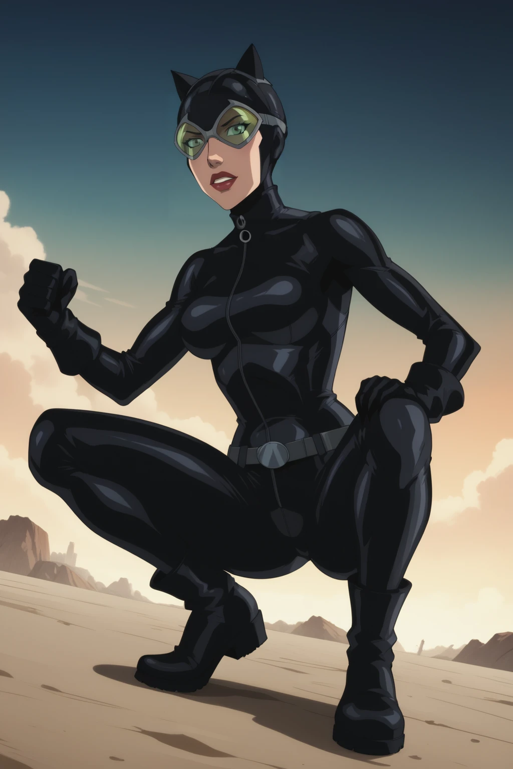 score_9, score_8_up, score_7_up, masterpiece, high quality, BREAK
<lora:Catwoman HushPonyLoRA:0.8>ctwmnhsh, bodysuit, helmet, animal ears, goggles, gloves, belt, claws, boots, squatting, attack pose
