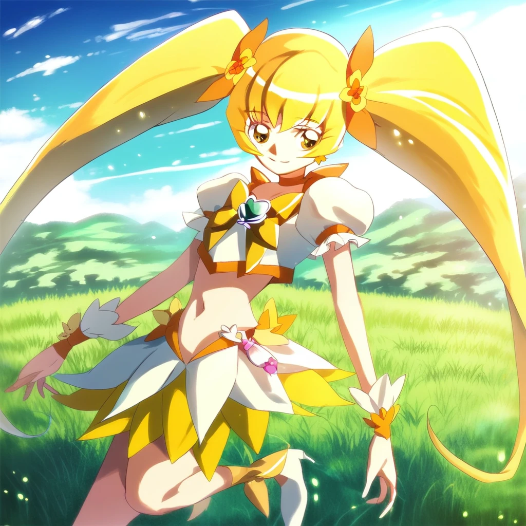 Score_9, rating_safe, Cure Sunshine, 1girl, solo, long hair, blonde hair, wrist cuffs, skirt, twintails, crop top, navel, puffy sleeves, short sleeves, white shirt, brooch, smile, outdoors, sky, day cloud, grass,